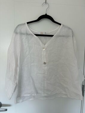 Me & Gee Made in Italy 100% Linen White Button Front Top L
